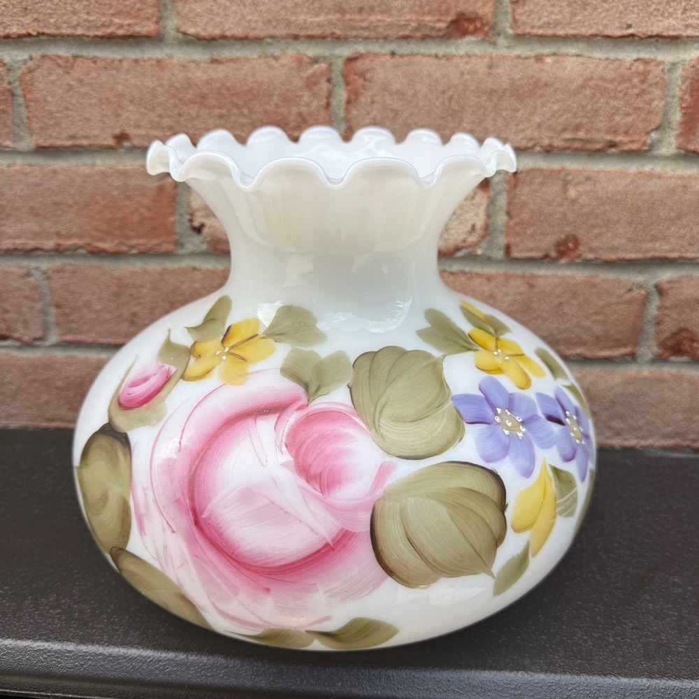Hurricane Lamp Shade Vintage White Hand Painted Floral Gone With The Wind Pink